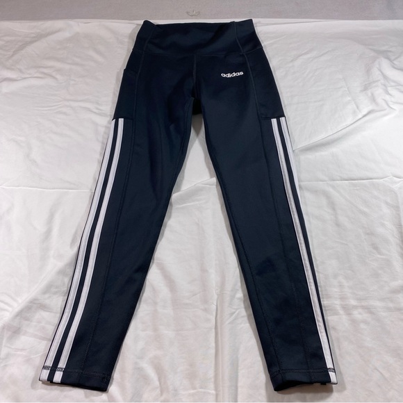 Adidas Woman’s black Leggings Small athletic pants Hip Pocket White Leg Runners - Picture 2 of 7